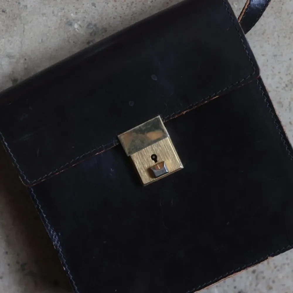 Vintage Genuine Leather Black Shoulder Bag Brass Lock Minimalist 70s